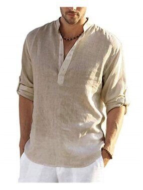 Mens Linen Shirt Long Sleeve Henley Button Down Casual Lightweight Summer